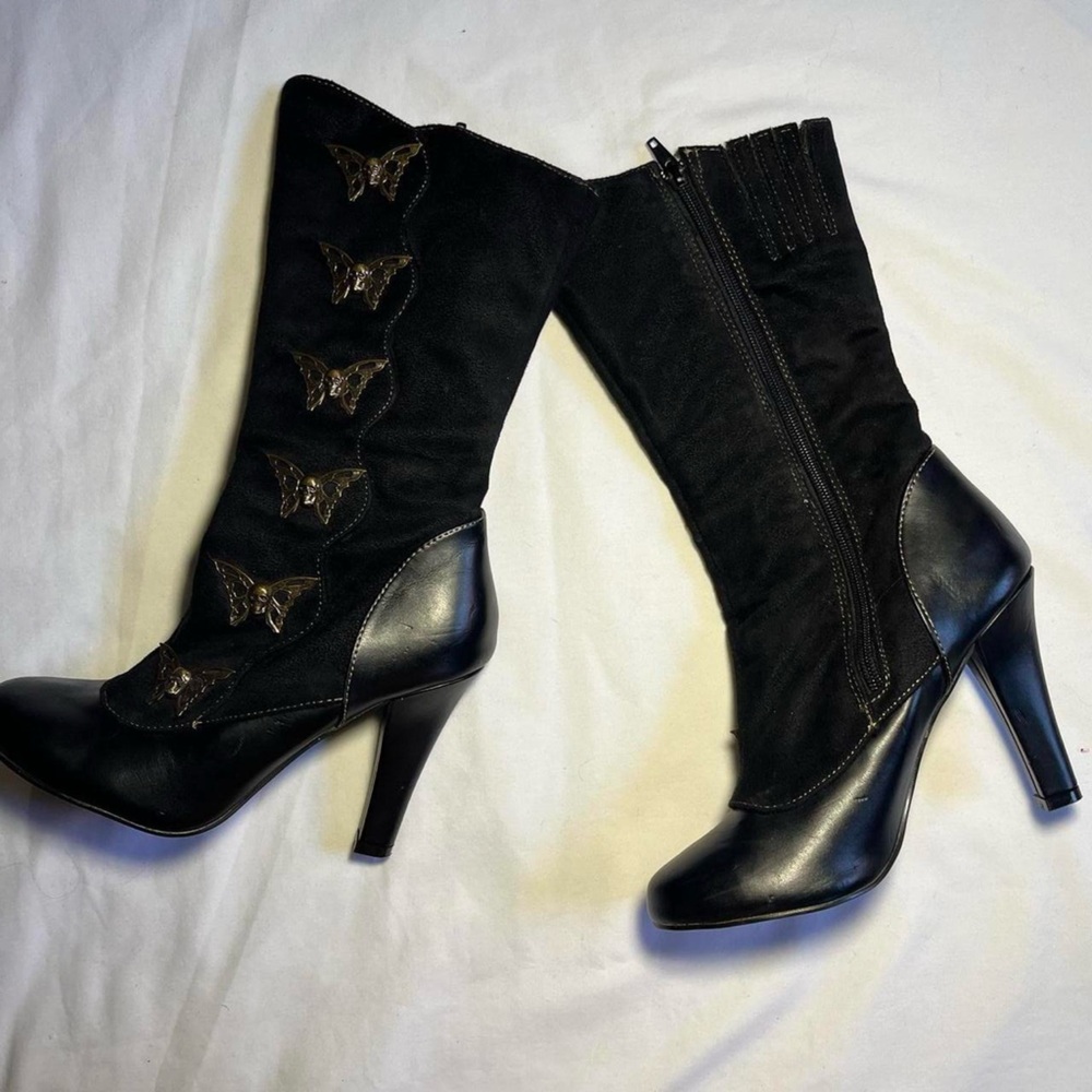 Demonia Black Heeled Boots with Gold Butterfly Accents - Picture 7 of 8